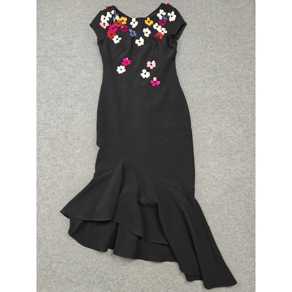 Theia Dress Womens 6 Black Floral Applique Beaded Mermaid Gown Long Cap Sleeve